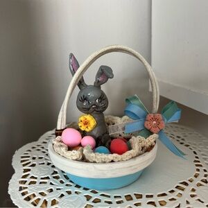 Hand Crafted Easter Basket with Gray Bunny and Pastel Accents